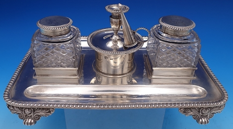 Inkwell on tray w/ candle holder and snuffer, 2 glass inkwells w/ silver lids, Tray is 10 1/2
